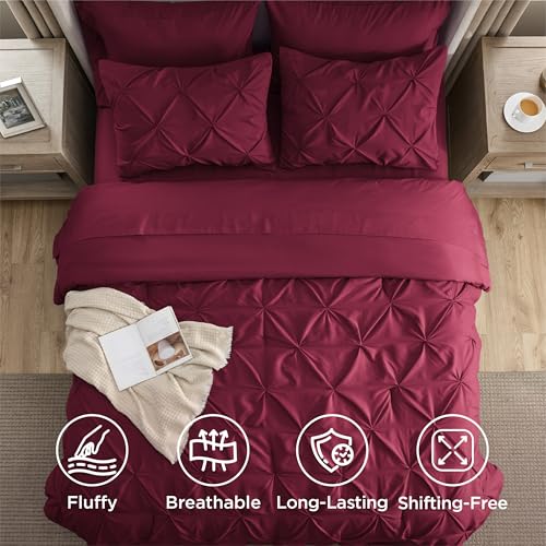 Bedsure Twin Comforter Set Dark Red - Bed in a Bag Twin Size Bedding 5 Pieces, GentleSoft™ Pintuck Bed Set Gift for Family, Pinch Pleat Dark Red Comforter with Sheets, Pillowcase & Sham Bedsure