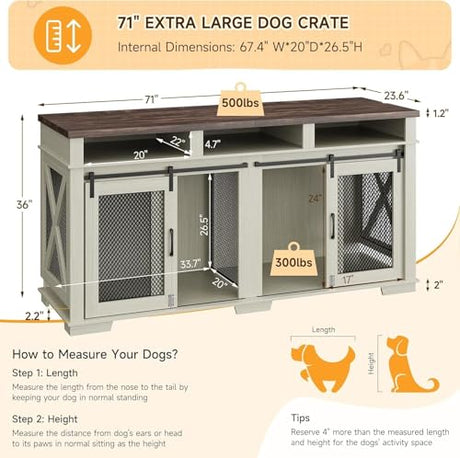 71" Dog Crate Furniture for 2 Dogs Large Double Kennel with Removable Divider, 3 Storage Drawers & Sliding Barn Door, Furniture Style Pet Crate As TV Stand for Living Room ActiveTrail