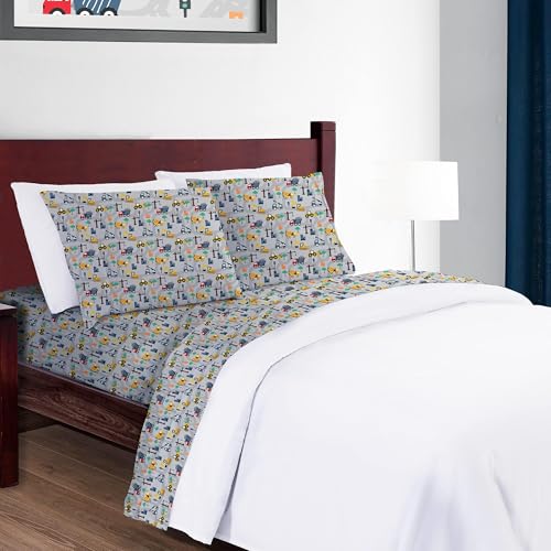 Softan Kids Bed Sheet Set, 3-Piece Twin Sheets Set, Microfiber Fitted Sheet with 15 Inches Deep Pocket and Corner Straps, Breathable & Silky Soft Excavator Pattern Sheet and Pillowcase Sets Softan