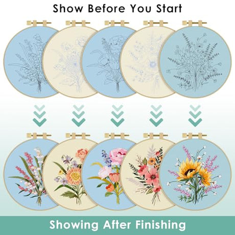 ERKOON Embroidery Kit for Beginners, 5 Sets Flower Cross Stitch Set for Adults Include Embroidery Cloth Hoops Threads for Craft Lover Hand Stitch with Skill Techniques (Bouquet) ERKOON