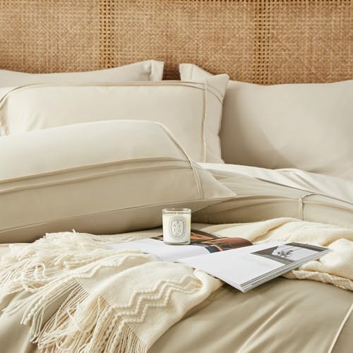 Yogeneg Twin Comforter Set 5 Piece Bed in a Bag,Grid Pinch Pleat Beige Twin Bedding Set,Striped Textured Soft Microfiber Comforter with Sheet Set,All Season Complete Bed Set(Beige,Twin) Yogeneg