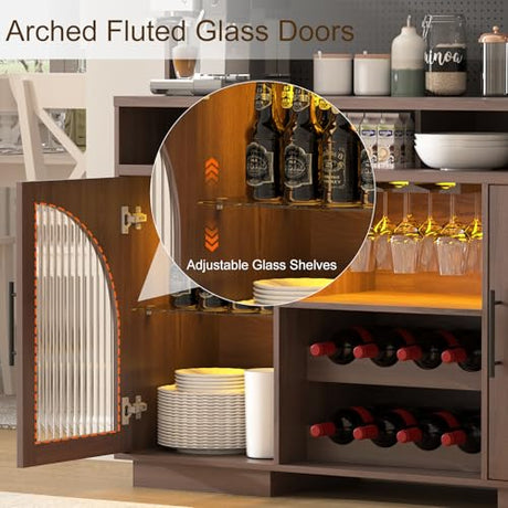 71" Pantry Cabinet, 54" Wide Kitchen Cabinet with Charging Station, Kitchen Hutch Storage with Pegboard and LED Light, Large Pantry Cabinets with Adjustable Shelves & Wine Rack for Dining Room, Brown SOLACE FURNITURE