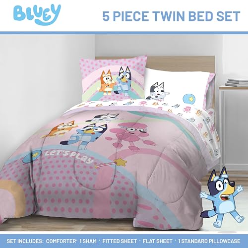 Jay Franco Kids Comforter Set Includes Sheets and Pillow Covers - Soft and Cozy Bed Set for Stylish Room Decor, Pink - Bluey 5 Piece Twin Size Bedding Jay Franco