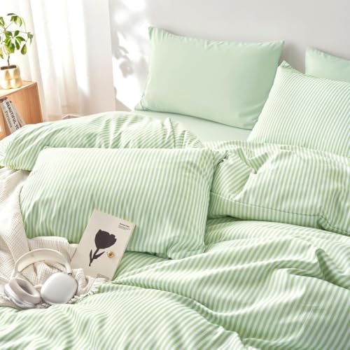 Wake In Cloud - Striped Comforter Set, Ticking Stripe Vertical Pinstripe Neutral Farmhouse Pattern Printed, Soft Lightweight Bedding, 3 Pieces, Sage Green, Twin/Twin XL Size Wake In Cloud