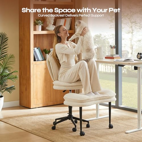 Pinmoco Ergonomic Cross Legged Office Chair for ADHD, Kneeling Chair with 360° Swivel Wheels and Reversible Seating for Meditation, Adjustable Height and Seat Deapth, Teddy Fabric, White Pinmoco
