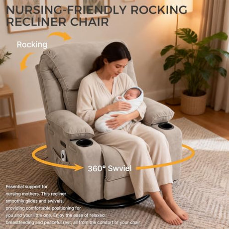 Recliner Chair Power Control, Nursery Reclining & Rocking Chair and Glider, Massage Swivel Living Room Furniture for Small Spaces, Bedroom, RVS, Lounge Sofa Chairs with USB & Type C Ports, Light Gray BRTHORY