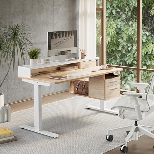 CubiCubi Standing Desk with Wood Drawers, 48" x 24" Electric Height Adjustable Table with Monitor Shelf, 3 Drawers and Open Storage, Computer Home Office Sit and Stand up Workstation, Maple CubiCubi