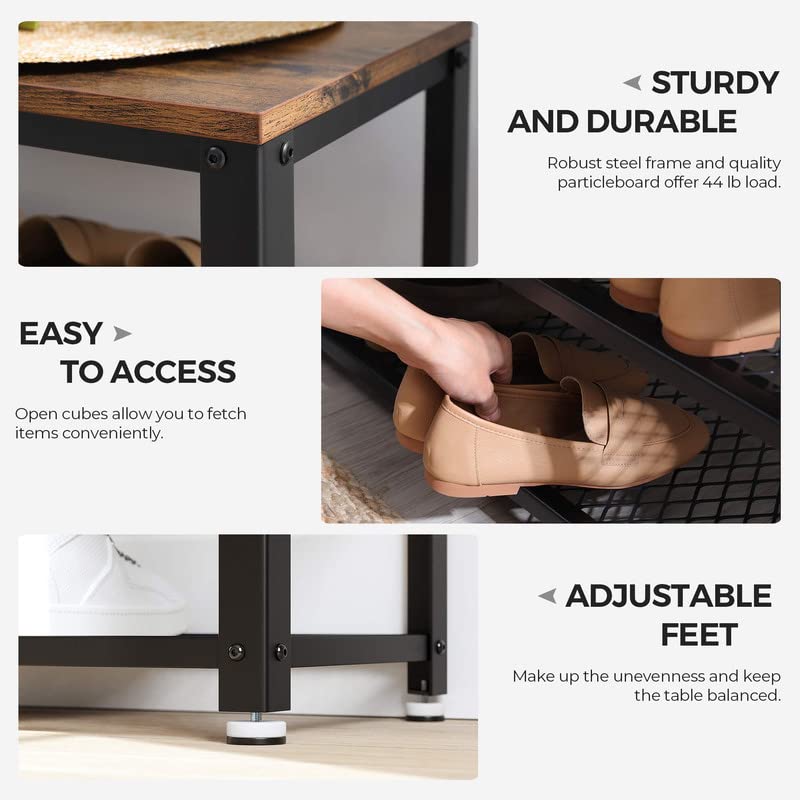 VASAGLE, 3-Tier Shoe Rack, Shelf Storage Bench with Metal Mesh Shelves and Seat, Free Standing Shoe Organizer for Entryway, 11.8 x 28.7 x 17.7 Inches, Rustic Brown and Black ULBS73X VASAGLE