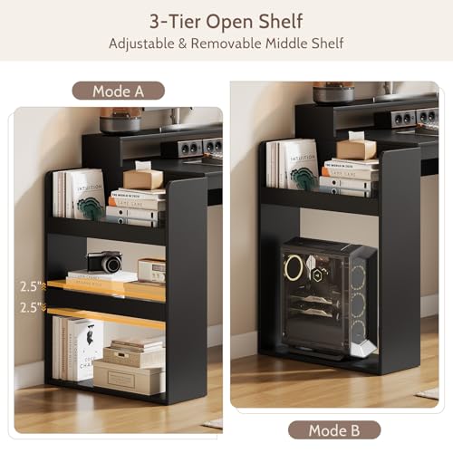 Vividwood Farmhouse Computer Desk with Drawers and Power Outlets, 60” Home Office Desk with Adjustable File Drawer, Cat Scratching Pad, Printer Stand, Shelves & Monitor Riser, Black Vividwood