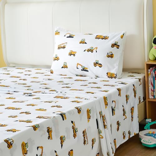 3-Piece Twin Size Bed Sheet Set by Coukouchyi, Soft & Breathable Kids Fitted & Flat Sheet for Boys with Deep Pocket, Construction Cars Cokouchyi