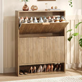 Hootata 31.5''W Oak Shoe Storage Cabinet for Entryway with 2 Flip Drawers, Narrow Wood Fluted Shoe Rack Cabinet,Freestanding Slim Shoe Organizer Cabinet for Foyer, Hallway Hootata