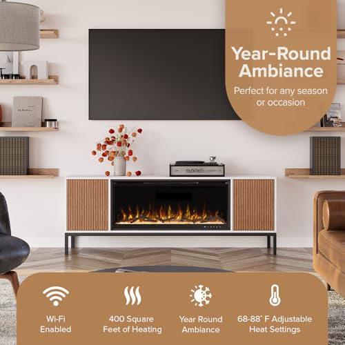 Modern Ember Emory 72-in Smart Electric Fireplace TV Stand | 42” Firebox Heater | Multi-Flame Colors | Remote Control, Alexa/WiFi Enabled | Fits TVs up to 80” | White with Fluted Details Modern Ember