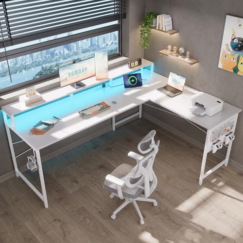 Pamray 64 Inch L Shaped Gaming Desk with Power Outlets and Led Lights, Large Corner Computer Desk with Monitor Stand and Pegboard, PC Table for Home Office and Bedroom White Pamray