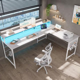 Pamray 64 Inch L Shaped Gaming Desk with Power Outlets and Led Lights, Large Corner Computer Desk with Monitor Stand and Pegboard, PC Table for Home Office and Bedroom White Pamray