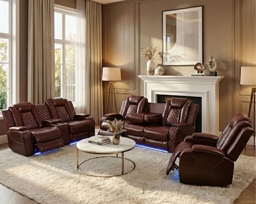 Ocstta Breathing Leather Power Recliner Sofa Set, Reclining Couch Set with LED Light/Cup Holders/Storage, 3 Piece Living Room Set 3 Seat Sofa Loveseat and Chair for Home Theater (Auburn)