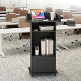 Qriocioa Podium Stand with Metal Wheels Wooden Lectern Podium Stand Portable Pulpit Standing with Storage Mobile Reception Podiums Desk for Church Office School Conference Restaurant Meeting, Black