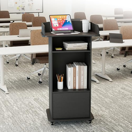 Qriocioa Podium Stand with Metal Wheels Wooden Lectern Podium Stand Portable Pulpit Standing with Storage Mobile Reception Podiums Desk for Church Office School Conference Restaurant Meeting, Black Qriocioa