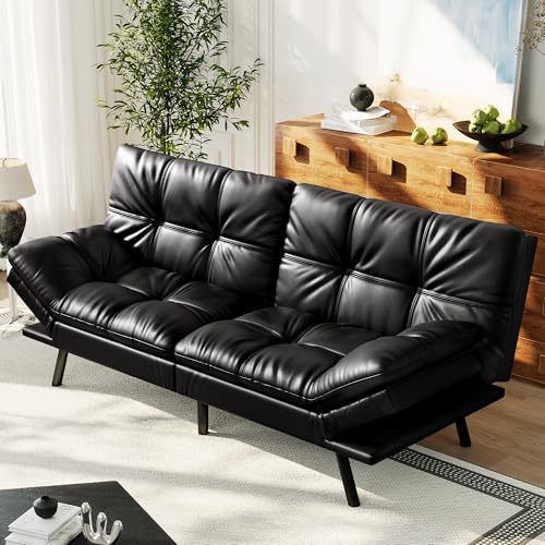 AMICLIBER 71" Convertible Futon Sofa Bed,Bright Black Faux Leather Futon Couch,Memory Foam Reclining Sleeper Sofa Bed,Modern Folding Small Loveseat Couches for Living Room,Office,Apartment AMICLIBER