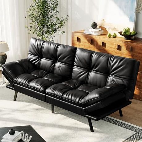 AMICLIBER 71" Convertible Futon Sofa Bed,Bright Black Faux Leather Futon Couch,Memory Foam Reclining Sleeper Sofa Bed,Modern Folding Small Loveseat Couches for Living Room,Office,Apartment AMICLIBER