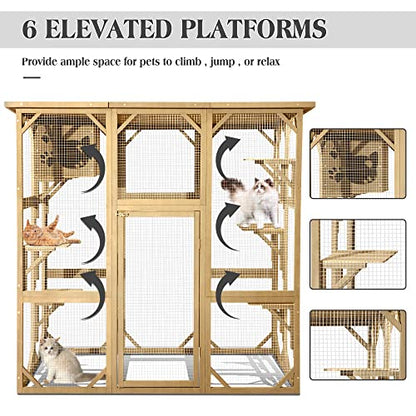 TITIMO Catio Outdoor Cat Enclosure, Large Wooden Outdoor Cat House with Small House, Cat Cage with 6 Platforms and Weather Protection (Nature Wood,63" x 31.1" x 59.33")