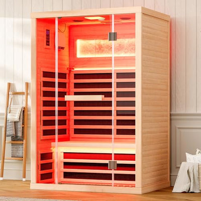 Albott Infrared Sauna 2 Person, Infrared Saunas for Home, Low EMF 110V Hemlock Wood Dry Sauna with Tourmaline Foot Warmer, 7-Color Light Therapy & Salt Crystal Bricks, 47.2"x34.2"x70.9"