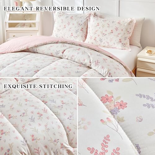 Joyreap 3pcs Cotton Comforter Set for Girls, Pink Floral Design, Twin Size Soft n Cozy Bedding Comforter Set for All Season- 68x88 inches Joyreap