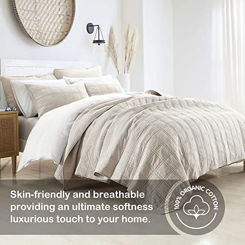 HORIMOTE HOME 100% Cotton Quilt Queen Size Beige Bedspread, Pre-Washed 3-Piece Cozy Lightweight Stitching Decorative Bedding Cover Coverlet Set with 2 Shams in Geometric Pattern for All Season HORIMOTE HOME
