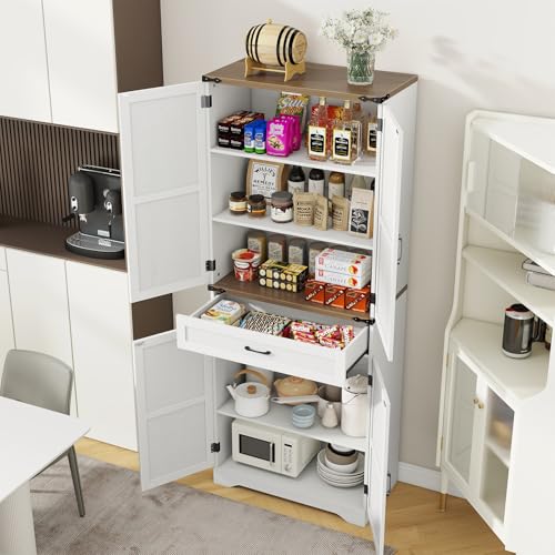 Halitaa 72" Tall Farmhouse Pantry Storage Cabinet with Organizer - Large Capacity Freestanding Cupboard for Kitchen, Dining Room, Living Room, White Halitaa