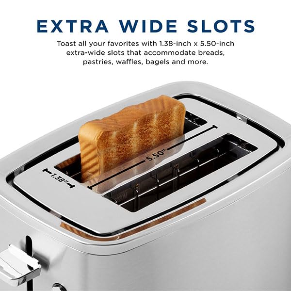 GE 2 Slice Stainless Steel Toaster, Extra Wide Slots for Toasting Bagels, Breads, Waffles & More, 7 Adjustable Shade Settings, Removable Crumb Tray, Countertop Kitchen Essentials, 850 Watts GE