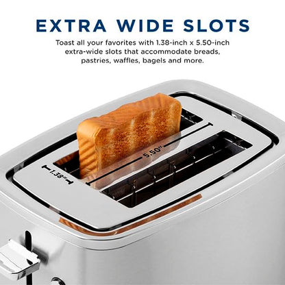 GE 2 Slice Stainless Steel Toaster, Extra Wide Slots for Toasting Bagels, Breads, Waffles & More, 7 Adjustable Shade Settings, Removable Crumb Tray, Countertop Kitchen Essentials, 850 Watts