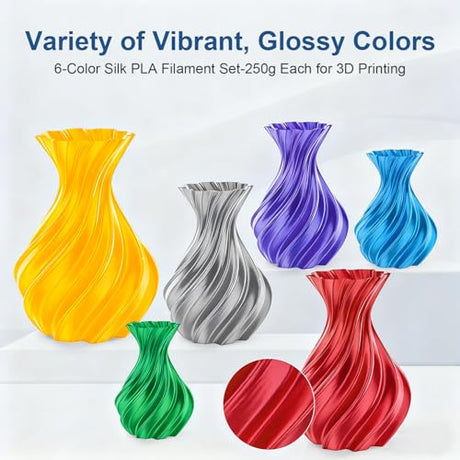 Dynta 3D Printer Filament Bundle, Silk PLA 6 Colors - High Gloss, Super Shiny & Smooth, Beginner-Friendly for Daily DIY, 250gX6 Spools (Gold/Silver/Red/Green/Blue/Purple) Dynta