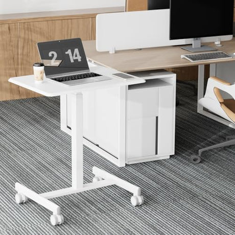 NEWBULIG Small Standing Desk Mobile Rolling Laptop PC Desk on Wheels Adjustable Height Computer Workstation Portable Modern Table for Home Office Bedroom, Modern White NEWBULIG