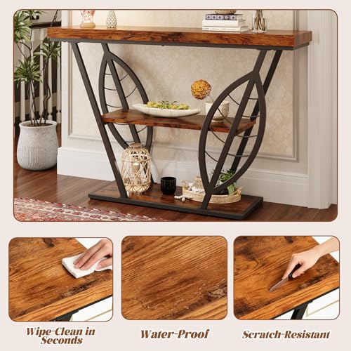 HavenlyYouth Leaf Design Console Table for Entryway, 3-Tier Storage, 30mm Thick Rustic Brown Industrial Metal Frame, Easy-to-Assemble Narrow Accent Table, Space-Saving for Hallway, Entrance, Foyer HavenlyYouth