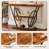 HavenlyYouth Leaf Design Console Table for Entryway, 3-Tier Storage, 30mm Thick Rustic Brown Industrial Metal Frame, Easy-to-Assemble Narrow Accent Table, Space-Saving for Hallway, Entrance, Foyer HavenlyYouth