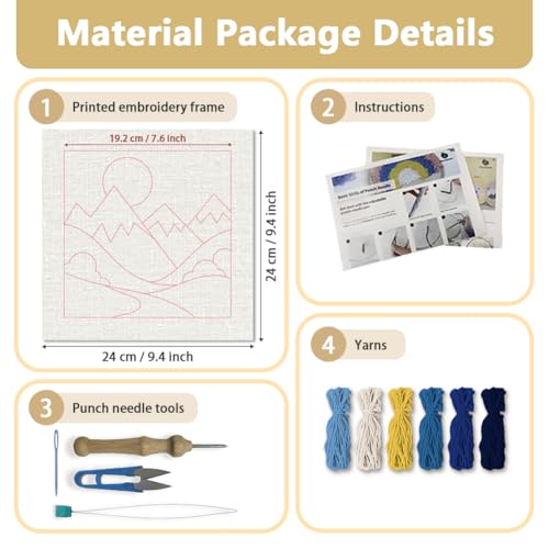 DOODLREAM Mountains DIY Punch Needle Embroidery Kit for Adult Beginner, 9.4" Landscape Sunrise Punch Stitching Craft Set for Starter with Frame, Fabric Pattern, Threader, Yarn, Pinch Needle
