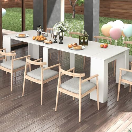 Bennbari 118" Dining Table with Storage for 6-10 People, Expandable Dining Table for Kitchen, Multifunctional Extendable Console Table, Modern Rectangle Wood Kitchen Table (White) Bennbari