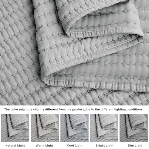 WDCOZY Grey Pick Stitch Twin Size Quilt Set, Striped Channel Lightweight Soft All Season Bedspread, Bamboo Linen Like Textured Coverlet, Farmhouse Country Rustic Bedding, Thin Comforter WDCOZY