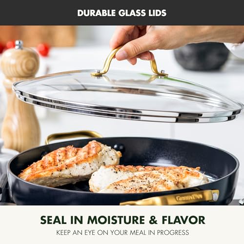 GreenPan Reserve Hard Anodized Healthy Ceramic Nonstick, 11" Grill Pan with Lid, Gold Handle, PFAS-Free, Dishwasher Safe, Black GreenPan