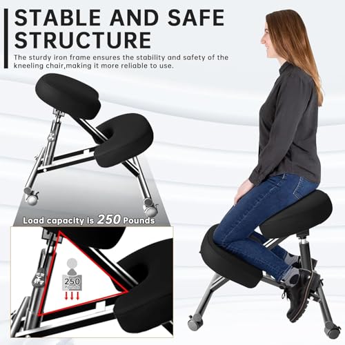 PU Leather Ergonomic Kneeling Chair, Adjustable Home and Office Stool with Thick Pads and Flexible Lockable Brake Wheels for Back Pain Relief(Black) DENGTELI