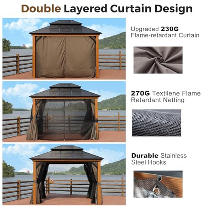 WELYAS Aluminum Hardtop Gazebo 10' X 12' Heavy Duty All Weather Wood Color Gazebos with Galvanized Steel Double Metal Roof for Garden Patio Deck Backyard, Curtains and Netting Included - WoodArtSupply