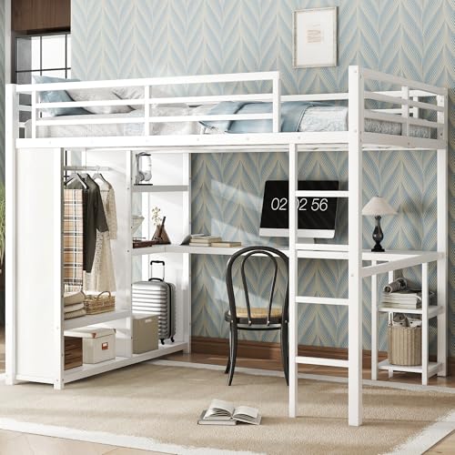 Bellemave Metal Queen Size Loft Bed with Desk and Wardrobe,Heavy Duty Loft Bed Frame with Storage Shelves for Kids,Teens,Adults, Space Saving,White Bellemave
