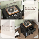 HOSEOKA Record Player Stand with Vinyl Record Storage, Turntable Stand with Charging Station, Wood Vinyl Record Holder Cabinet Dispaly Shelf with Drawer, Black HOSEOKA