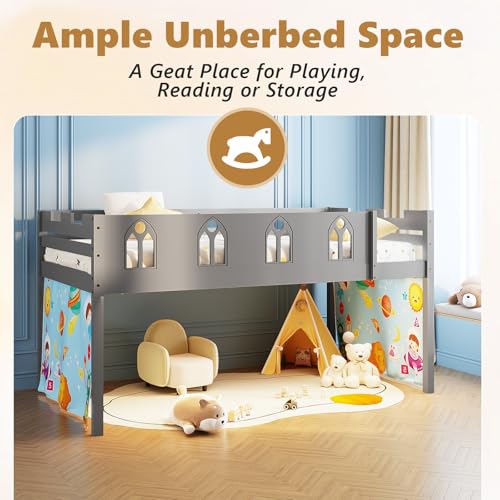 JOYMOR Low Loft Bed Twin Size with LED Lights, 4 Storage Shelves, Removable Curtain, Kids Wood Loft Bed with 15" H Safety Guardrail, Spave Saving, Mattress Not Included (Gray) JOYMOR
