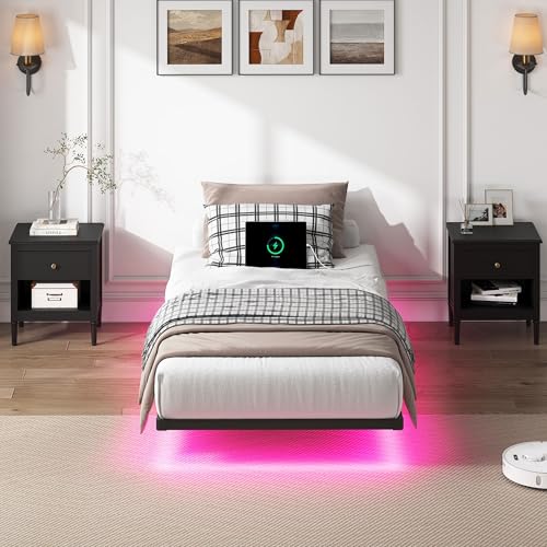 YORMDMO Floating Bed Frame Twin Size, Heavy Duty Bedframe with Smart LED Lights & Charging Station, Modern Metal Platform Bed, Easy Assembly No Box Spring Needed, 8 Inch YORMDMO