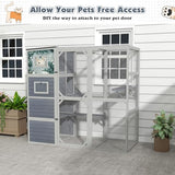 COZIWOW Large Wood Cat Catio, Outdoor Enclosure with Weatherproof Roof, 2 Resting Rooms, 2 Platforms, 4-Tier Cat Playpen (Grey with Pattern) COZIWOW