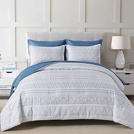 WONGS BEDDING Blue Boho Bed in a Bag Queen,7 Pieces Navy Comforter Set Queen Geometric Comforter Reversible Soft Microfiber Bedding Set with Comforter,Pillowcases,Flat Sheet,Fitted Sheet,Pillow Shams WONGS BEDDING