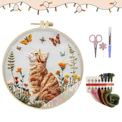 MAZAOTEU Christmas Embroidery Kits for Adults Beginners, Christmas Cross Stitch Kits, Needlepoint Ornament Holiday Embroidery Kit, Adult Crafts for Women DIY Hand Crossstitching Kits (Cat)