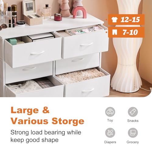 Sweetcrispy Dresser for Bedroom with 6 Storage Drawers, Fabric Storage Tower Organizer, Chest of Drawers with Metal Frame Wooden Top for Closet, Living Room, Entryway, White Sweetcrispy