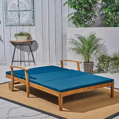 XD Designs Outdoor Double Chaise Lounge Chairs, All Weather Acacia Wood Frame Patio Reclining Daybed Sunbed with Cushions and Adjustable Backrest for 2 People