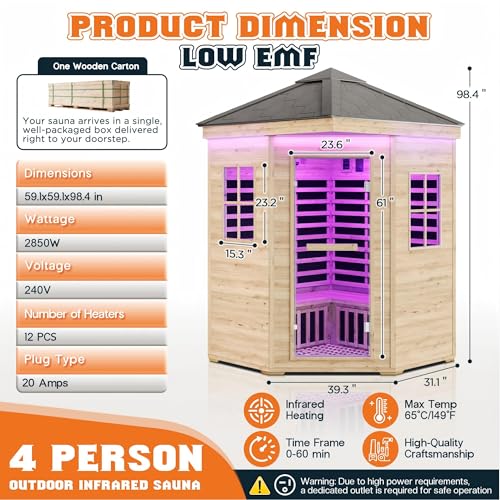 Albott Outdoor Sauna 4 Person, Infrared Saunas for Home, Low EMF 2850W/240V/20A Spruce Wood Dry Sauna with Tourmaline Stone Foot Warmer, 7-Color Light Therapy & 2 Bluetooth Speakers, 59.1"x59.1"x98.4" Albott